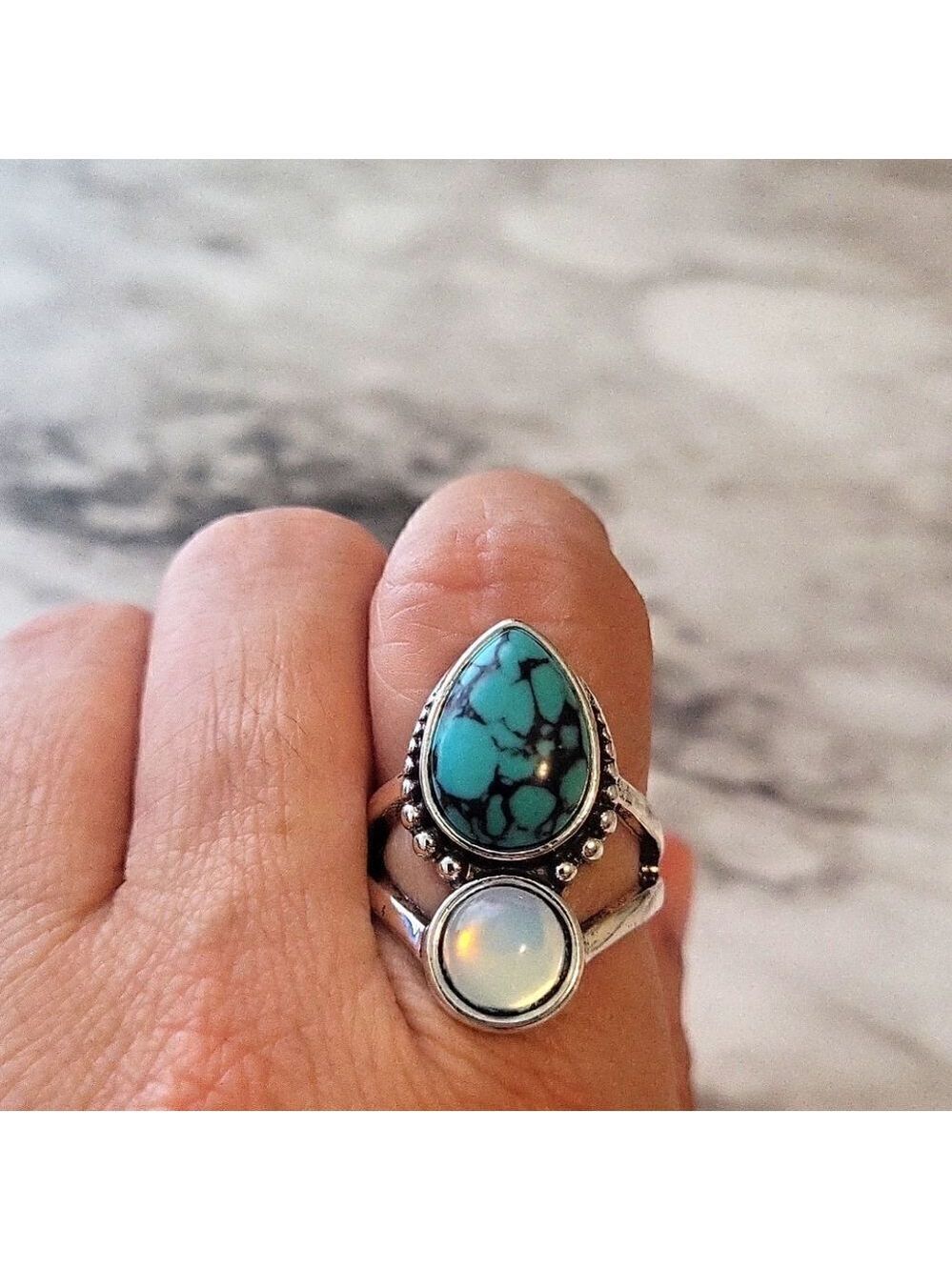 Boho Style Ring Inlaid Waterdrop Shape Turquoise Color Spherical Moonstone Match - Picture 7 of 8